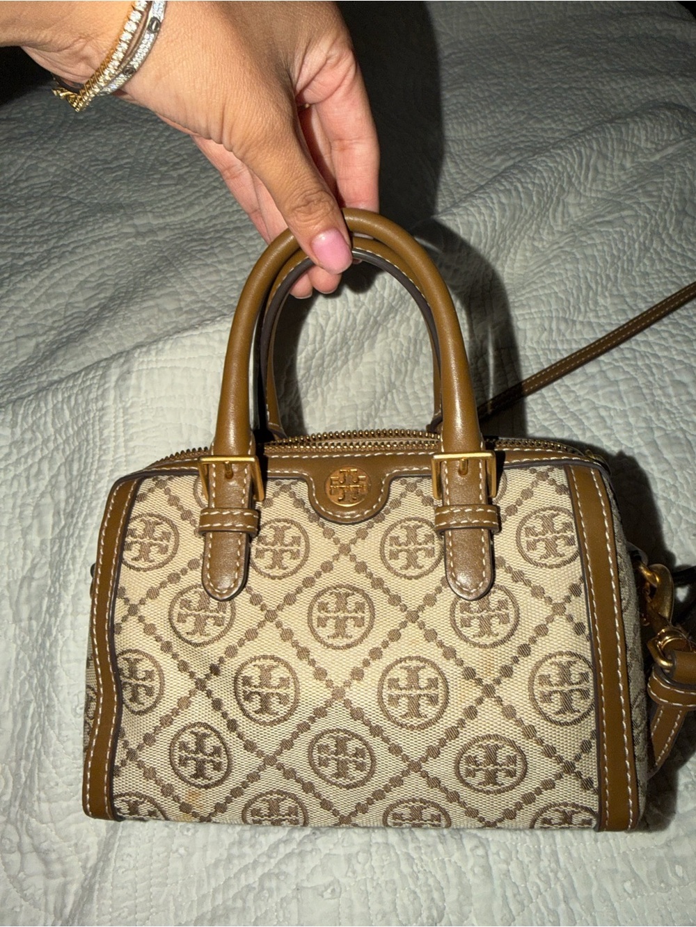 Tory Burch Beige and Brown Logo Canvas Mini Satchel